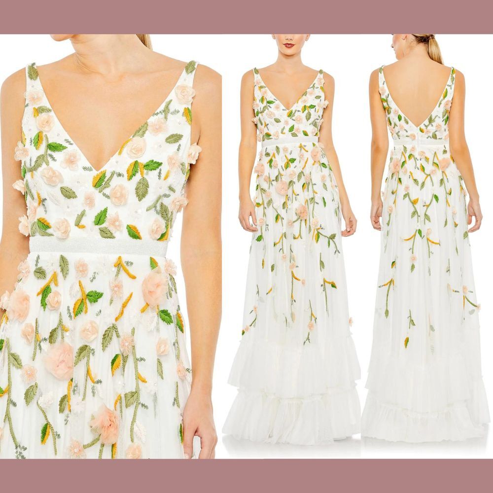 NWT$798 Mac Duggal [ 14 ] Floral Embellished Sleeveless V Neck A Line Gown S1001
